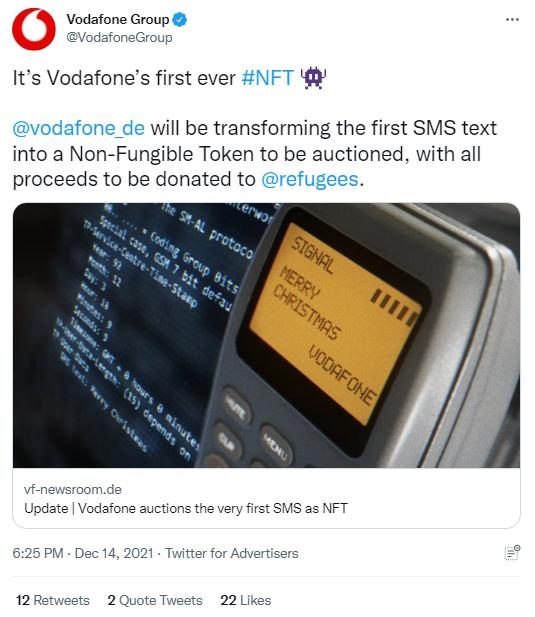 英國(guó)沃達(dá)豐公司也表示，計(jì)劃將拍賣所得全部捐贈(zèng)給聯(lián)合國(guó)難民署，以支持那些被迫逃離家園的人。(圖片來(lái)源：英國(guó)沃達(dá)豐公司社交媒體截圖)