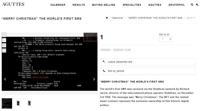 法國(guó)阿古特拍賣行網(wǎng)站上，世界第一條短信的拍賣信息。圖片來(lái)源：阿古特拍賣行網(wǎng)站截圖
