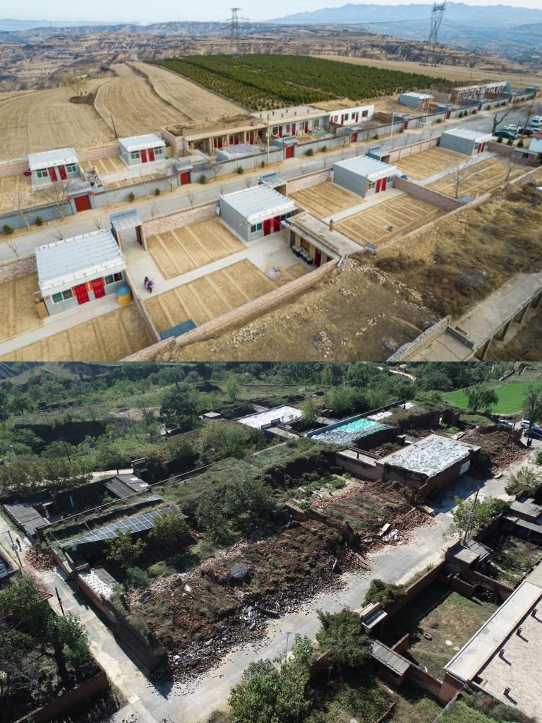 拼版照片，上圖是2022年1月山西省霍州市師莊鄉(xiāng)馮南垣村災(zāi)后恢復(fù)重建后的場(chǎng)景，下圖是2021年10月村莊因?yàn)?zāi)受損的場(chǎng)景。(霍州市委宣傳部供圖)