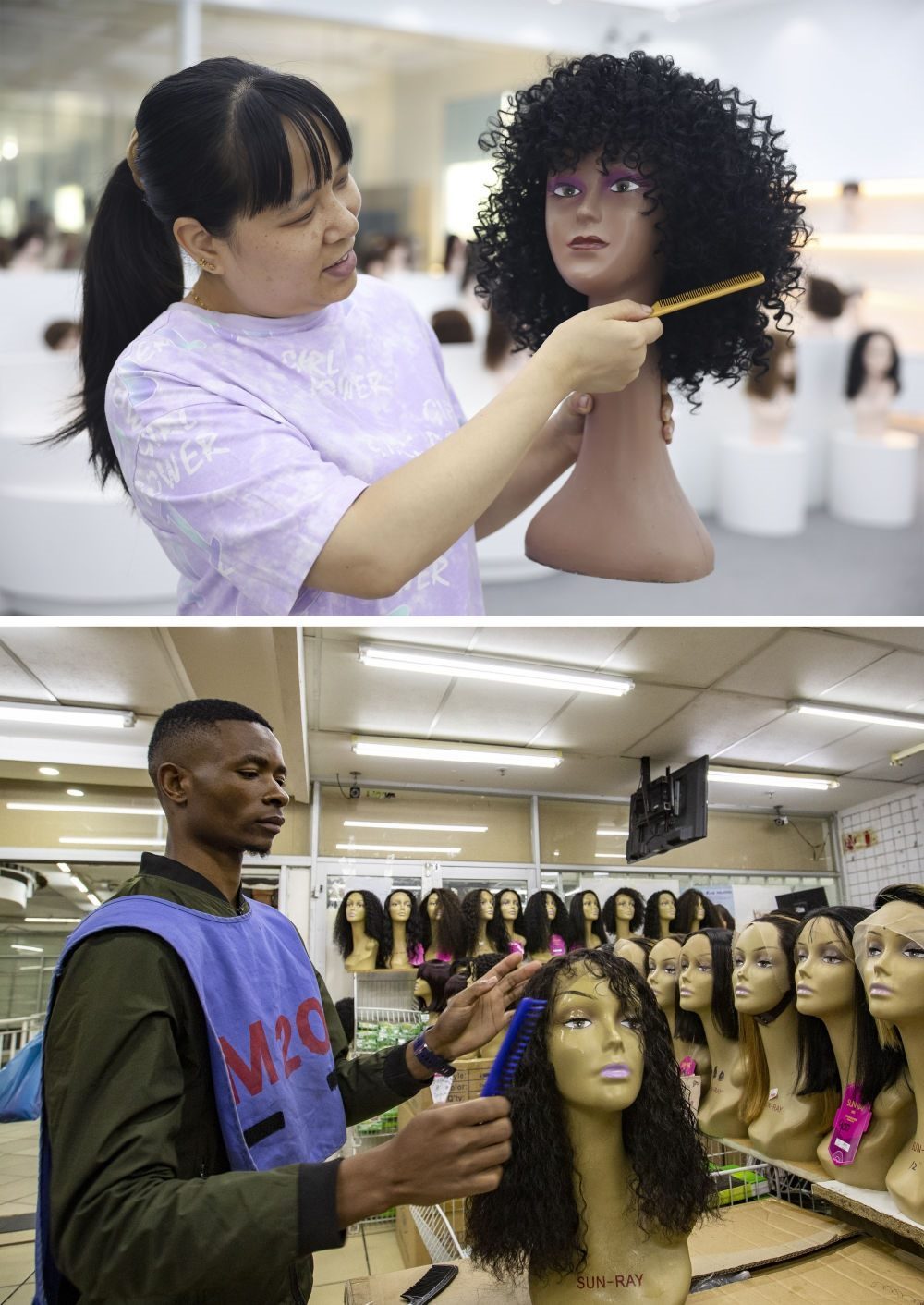 拼版照片：上圖為2023年5月25日，工人在湖南邵陽(yáng)陽(yáng)光發(fā)品有限公司展廳展示假發(fā)（新華社記者薛宇舸攝）；下圖為2023年6月9日，一名店員在湖南邵陽(yáng)陽(yáng)光發(fā)品有限公司位于南非約翰內(nèi)斯堡的店鋪內(nèi)展示假發(fā)（新華社記者張譽(yù)東攝）。新華社發(fā)