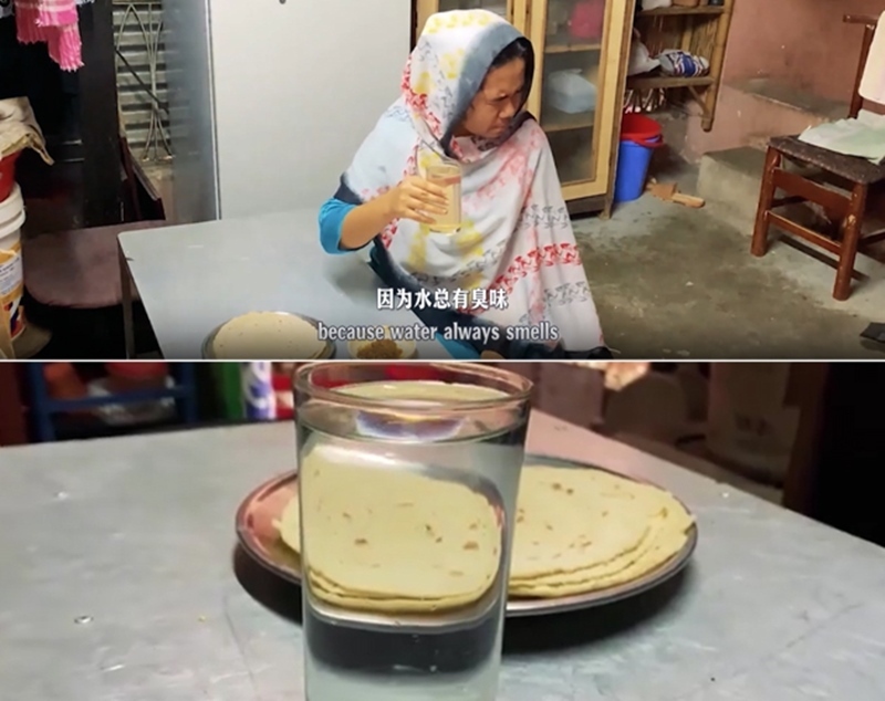 圖為紀(jì)實(shí)短片截圖：上圖為水質(zhì)未改善前，飲用水發(fā)黃渾濁；下圖為水廠建成后，飲用水水質(zhì)明顯改善，清澈透明。