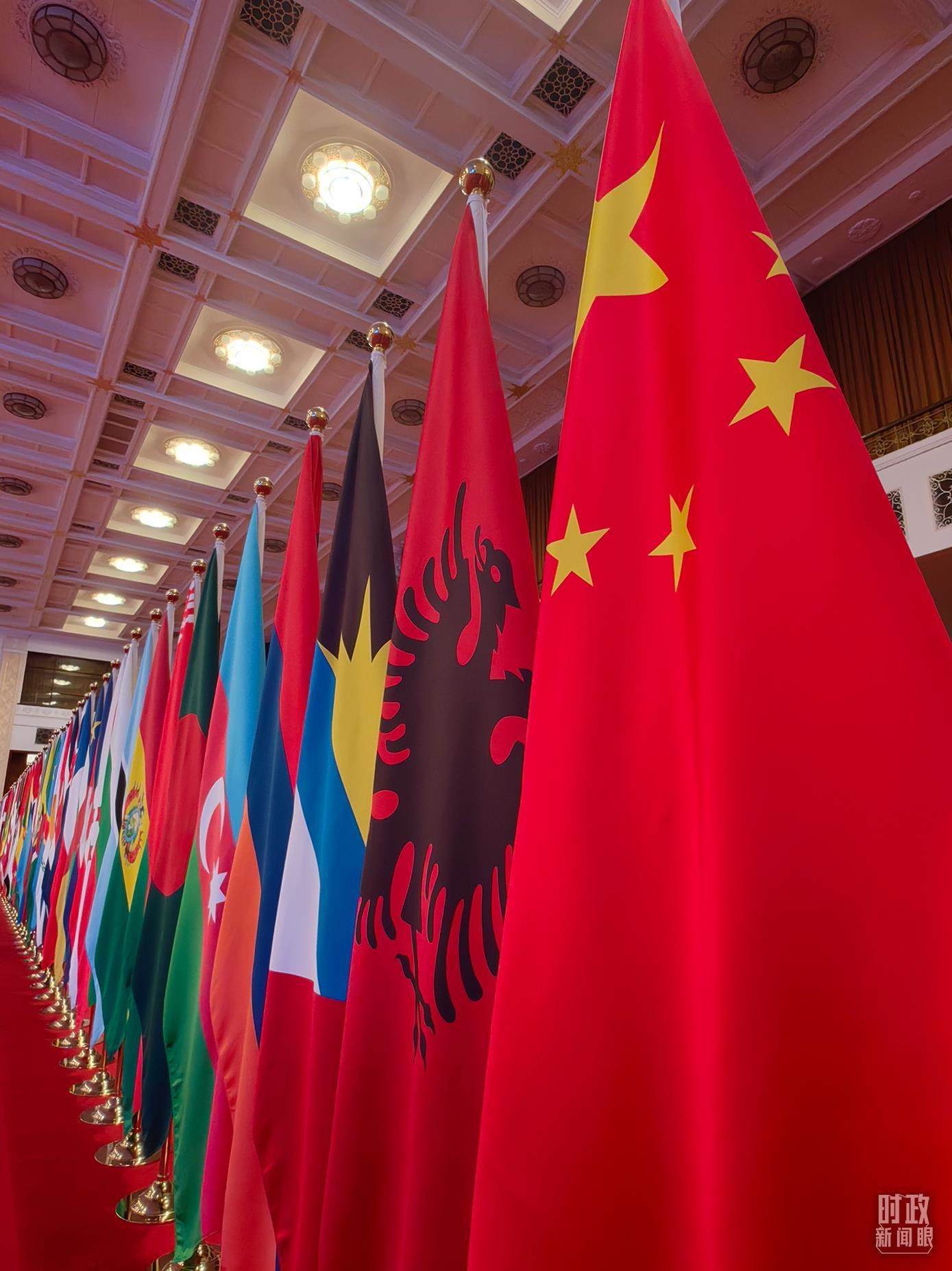 △開幕式會場內(nèi)整齊排列的旗幟。（總臺央視記者楊波拍攝）