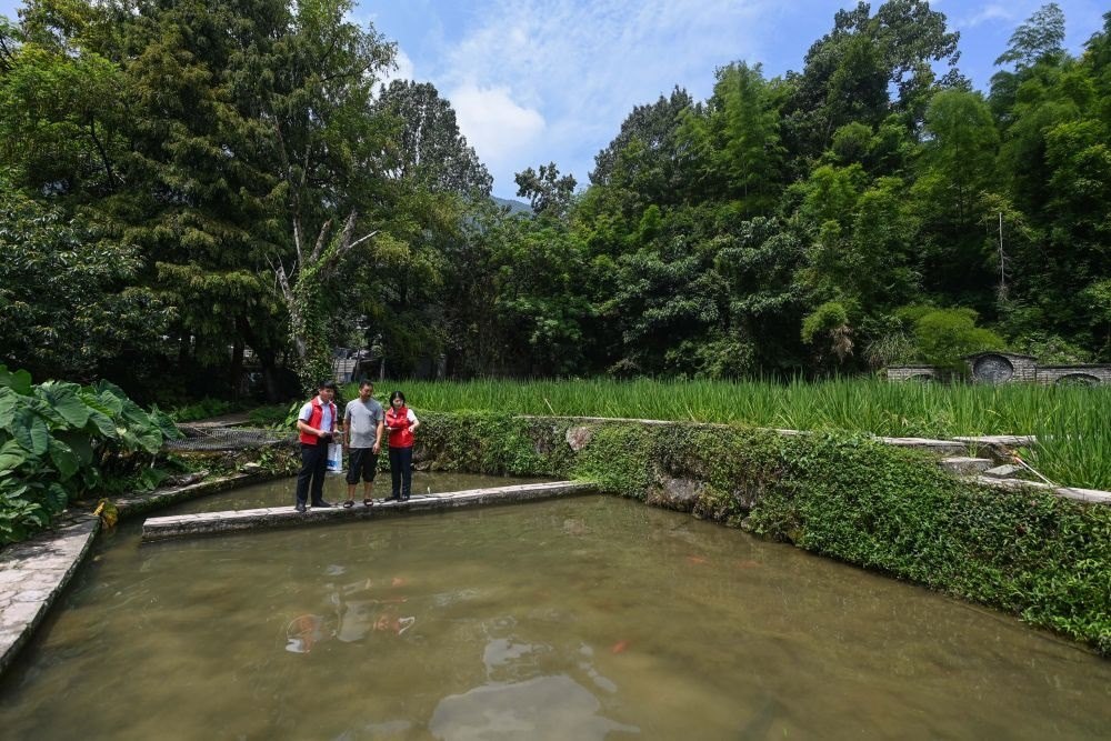 2023年8月17日，浙江省麗水市青田縣方山鄉(xiāng)田魚(yú)養(yǎng)殖戶(hù)吳勇強(qiáng)（中）在接受青田農(nóng)商銀行“小蜻蜓”服務(wù)隊(duì)志愿者提供的“惠民易貸”上門(mén)服務(wù)。近年來(lái)，青田縣金融發(fā)展中心聯(lián)合各個(gè)金融機(jī)構(gòu)優(yōu)化配套鄉(xiāng)村振興金融服務(wù)，推出“惠民易貸”“農(nóng)家樂(lè)貸”等金融產(chǎn)品，重點(diǎn)支持涉農(nóng)龍頭企業(yè)及特色種養(yǎng)殖產(chǎn)業(yè)。新華社記者 徐昱 攝