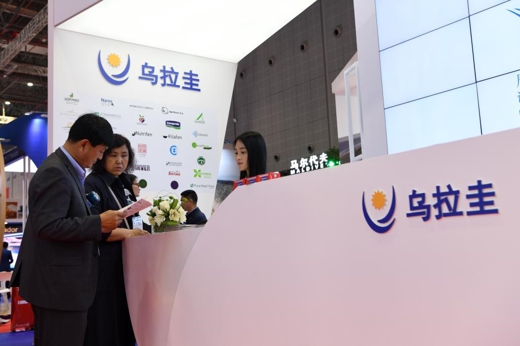 2019年11月6日，參觀者在第二屆進(jìn)博會(huì)烏拉圭國(guó)家館展臺(tái)咨詢。