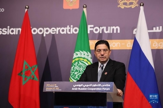 12月20日，在摩洛哥南部城市馬拉喀什舉行的第六屆阿拉伯-俄羅斯合作論壇主議程結(jié)束后，摩洛哥外交大臣布里達(dá)在記者會(huì)上講話。新華社記者霍晶攝