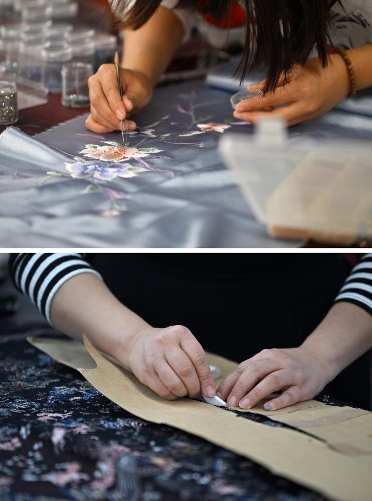 拼版照片：上圖為老美華定制車間的制衣師傅在面料上貼鉆；下圖為老美華定制車間的制衣師傅在面料上劃線（2023年12月8日攝）。天津老美華始創(chuàng)于1911年，歷史上以“千層底”布鞋聞名，是享譽津門的“中華老字號”。新華社記者 李然 攝