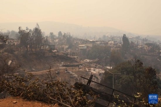 這是2月3日在智利瓦爾帕萊索大區(qū)比尼亞德爾馬市拍攝的在森林火災(zāi)中燒毀的房屋。新華社發(fā)