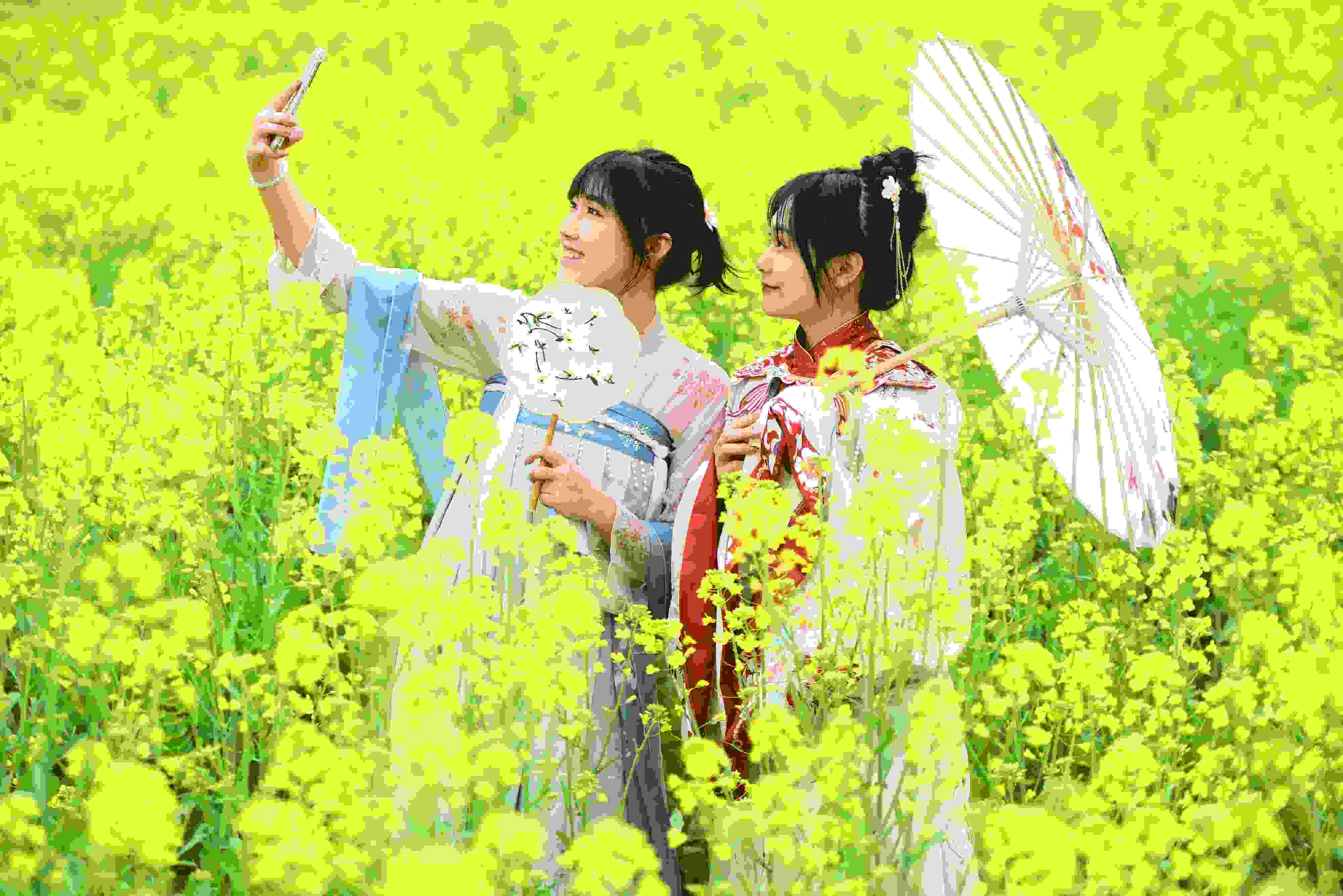 △ 2024年2月16日，廣西賀州，在富川瑤族自治縣麥嶺鎮(zhèn)三民村，游客在油菜花田間賞花拍照。