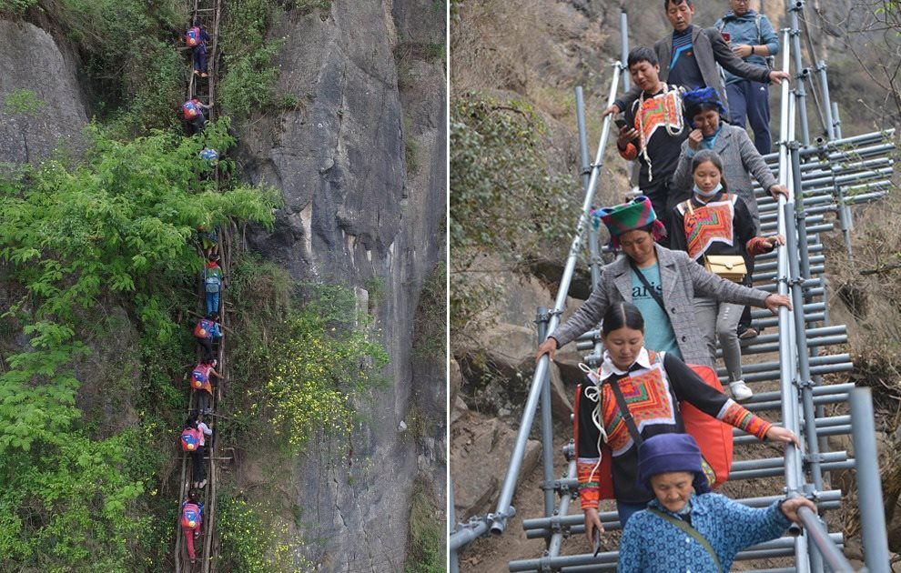 “懸崖村”今昔對(duì)比：左圖為2016年5月14日，“懸崖村”的孩子們攀爬木梯回家。右圖為2020年5月13日，“懸崖村”村民帶著行李通過(guò)鋼梯下山，搬遷至易地扶貧集中安置點(diǎn)的新家。