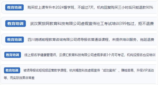 “人民投訴”用戶舉報機構(gòu)虛假宣傳包過包拿證、虛假承諾收益效果、課程服務(wù)貨不對板、退款難等在線教培亂象。（“人民投訴”平臺截圖）