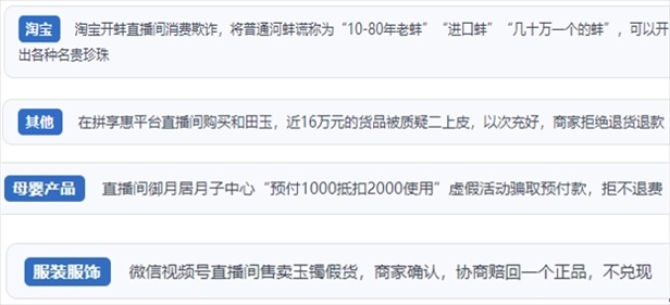 “人民投訴”用戶投訴直播間網(wǎng)購珠寶玉石、家電、培訓(xùn)課程等產(chǎn)品遭遇欺詐的情況。（“人民投訴”平臺截圖）