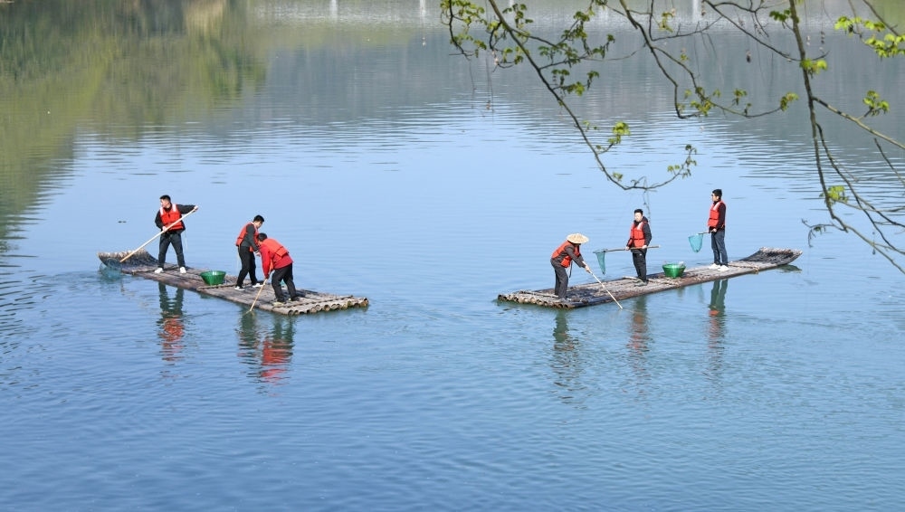 浙江省臺(tái)州市仙居縣步路鄉(xiāng)黨員志愿者與河長(zhǎng)一起在永安溪巡河護(hù)水，清理雜物垃圾（2024年3月20日攝）。新華社發(fā)（王華斌攝）
