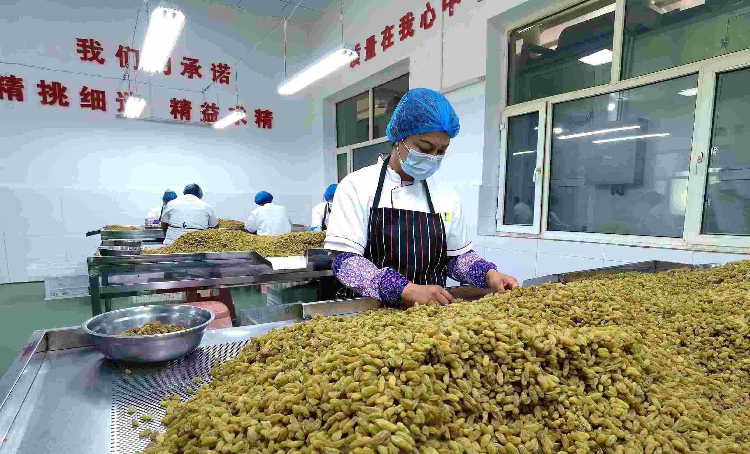 新疆吐魯番市高昌區(qū)亞爾鎮(zhèn)新城西門村，村民們在分揀葡萄干。