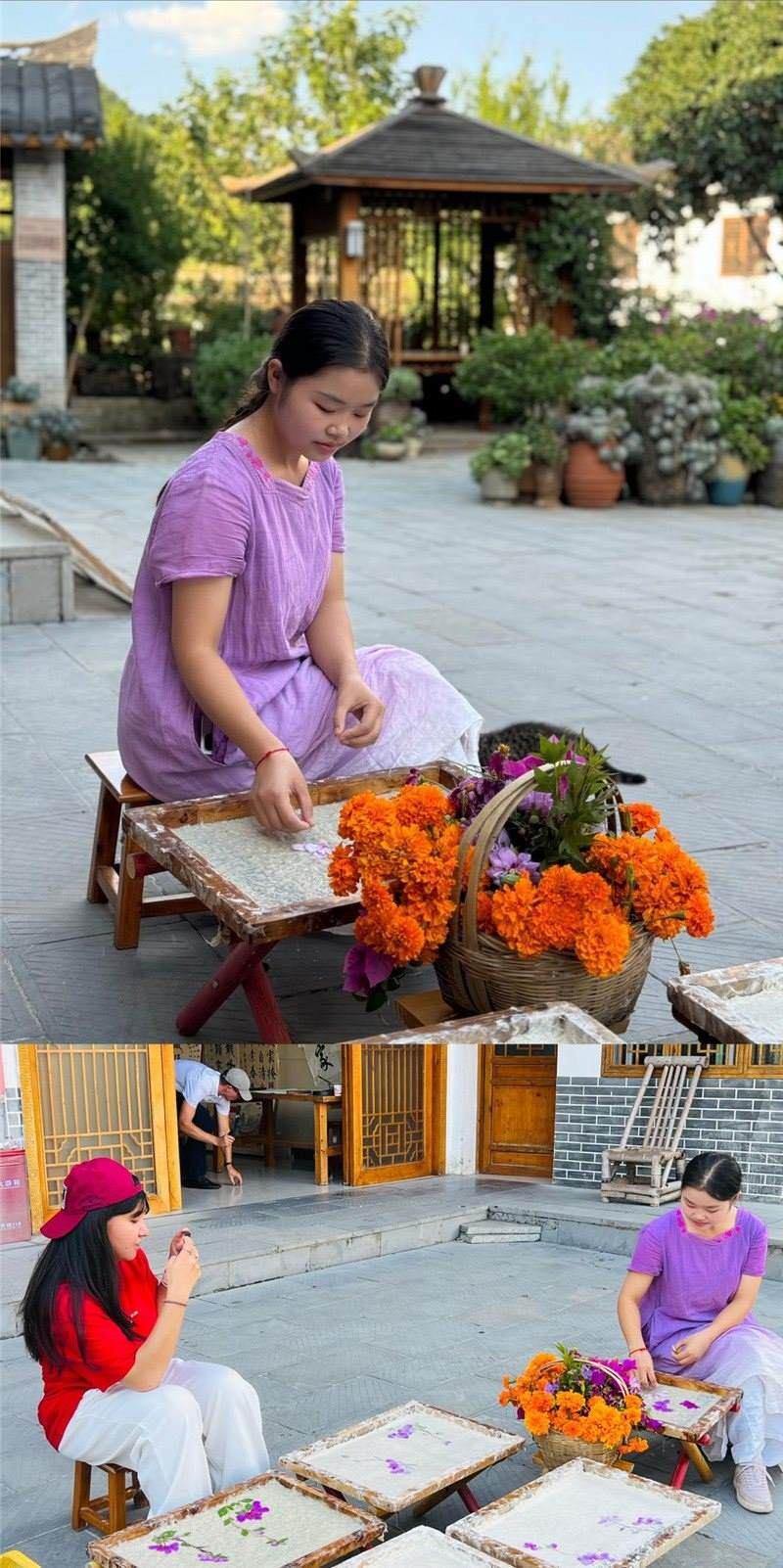 沒(méi)有女生不愛(ài)花。以古法造紙技藝為基礎(chǔ)，再輔以花草枝葉勾勒各式圖案，創(chuàng)作出花茂村獨(dú)具特色的紙漿壓花畫，少女手中的花是她眼中的風(fēng)景，而她與正在制作的紙漿壓花畫也是別人眼中的風(fēng)景。（哈薩克斯坦BAQ通訊社高級(jí)記者古爾詹·拉曼庫(kù)洛娃、張亞欣攝）