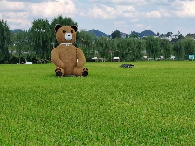 稻穗搖曳，垂柳依依，山嵐多姿，好一幅歲月靜好山鄉(xiāng)恬靜圖。這憨厚俏皮的熊玩偶造型，像是亂入其中，形成現(xiàn)代與傳統(tǒng)、好動(dòng)與寧?kù)o的反差感，讓人過(guò)目不忘，也讓人莞爾一笑。（哈薩克斯坦鳳凰24新聞社總編輯兼首席執(zhí)行官克馬爾·馬山羅攝）