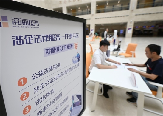 在天津濱海新區(qū)政務(wù)服務(wù)中心，工作人員在“涉企法律服務(wù)一件事”專區(qū)為市民提供服務(wù)（2024年7月31日攝）。新華社記者 趙子碩 攝