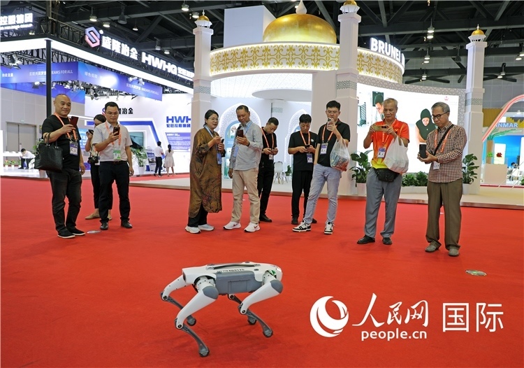 東博會上，觀眾正在參觀一只機器狗。綠色能源、新能源汽車、綠色農(nóng)產(chǎn)品等成為本屆東博會觀眾關(guān)注的焦點。人民網(wǎng)記者 趙益普攝
