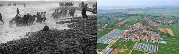 拼版照片：左圖為蘭考群眾在拉淤土壓沙（新華社記者 鄧歷耕 攝）；右圖為2024年4月25日拍攝的蘭考縣張莊村（無(wú)人機(jī)照片，新華社記者 郝源 攝）。