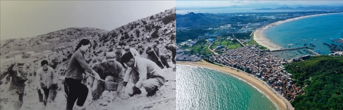 拼版照片：左圖為東山縣群眾在荒山上種植樹(shù)苗（資料照片）；右圖為2020年6月18日拍攝的東山縣陳城鎮(zhèn)澳角村附近風(fēng)光（無(wú)人機(jī)照片，新華社記者 姜克紅 攝）。