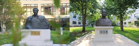 △左圖為中央黨校（國家行政學(xué)院）校園內(nèi)的焦裕祿雕塑，右圖為校園內(nèi)的谷文昌雕塑。
