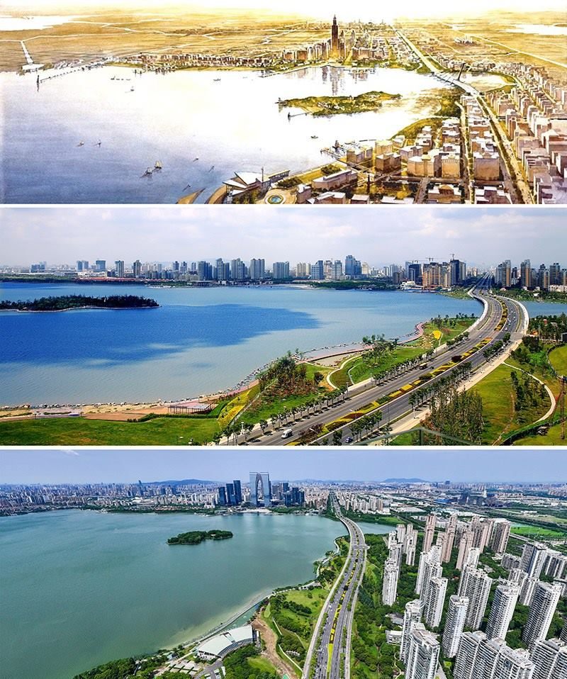 拼版照片：上圖為1994年繪制的蘇州工業(yè)園區(qū)手繪規(guī)劃圖；中圖為2007年拍攝的蘇州工業(yè)園區(qū)；下圖為2023年7月4日用無人機拍攝的蘇州工業(yè)園區(qū)。