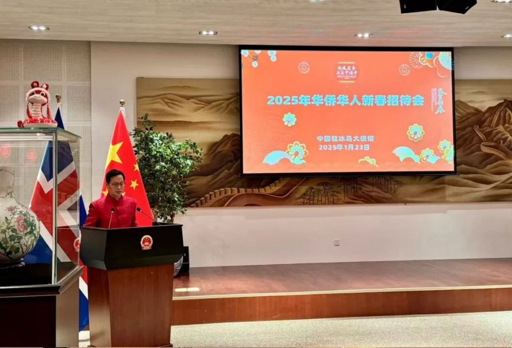 中國(guó)駐冰島大使何儒龍致辭。中國(guó)駐冰島大使館供圖