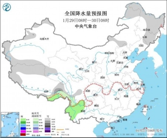 全國(guó)降水量預(yù)報(bào)圖(1月29日08時(shí)-30日08時(shí)) 圖片來源：中央氣象臺(tái)網(wǎng)站