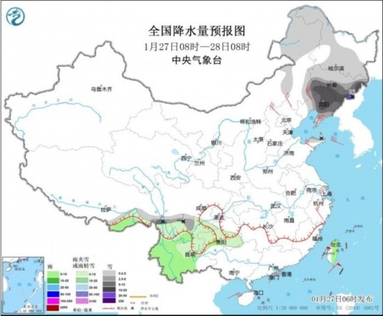 全國(guó)降水量預(yù)報(bào)圖(1月27日08時(shí)-28日08時(shí)) 圖片來源：中央氣象臺(tái)網(wǎng)站
