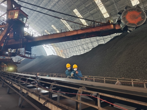 趙善國（右）和同事對電廠煤場進行巡檢。受訪者供圖