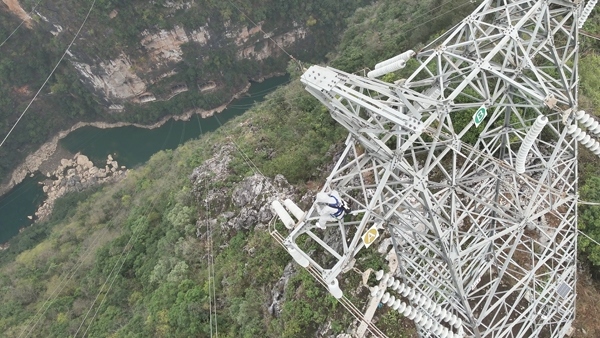 羅統(tǒng)在魯馬Ⅰ線1號塔上進行帶電作業(yè)。受訪者供圖