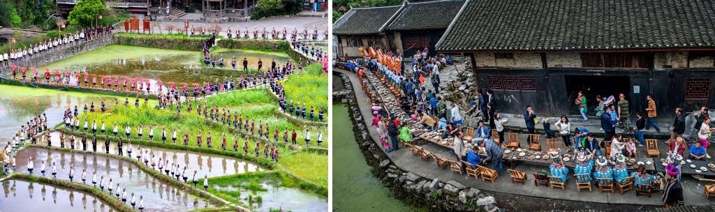 左圖：近期，人們?cè)诶杵娇h肇興侗寨的田園里演唱侗族大歌（黎平縣委宣傳部供圖）；右圖：這是2023年拍攝的十八洞村長(zhǎng)桌宴（湘西州委宣傳部供圖）。