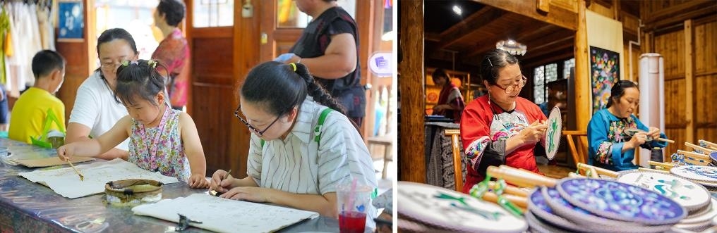 左圖：近期，游客在黎平縣肇興侗寨體驗(yàn)非遺蠟染藝術(shù)（黎平縣委宣傳部供圖）；右圖：這是2024年拍攝的繡娘在十八洞村梨子寨苗繡鄉(xiāng)村振興示范基地制作苗繡產(chǎn)品（湘西州委宣傳部供圖）。