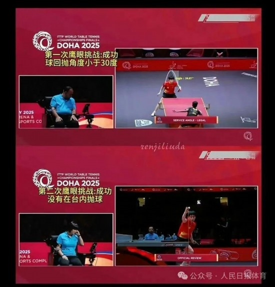 王楚欽在本屆世乒賽中的兩次“鷹眼”挑戰(zhàn)。